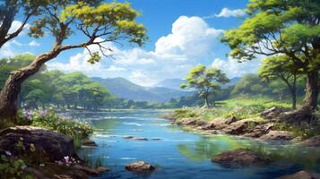 Tranquil river flowing through a lush green valley, surrounded by trees and wildflowers under a bright blue sky with white clouds. photo