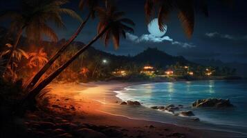 Tranquil tropical beach scene at night with palm trees, a full moon, and a few huts in the distance. photo