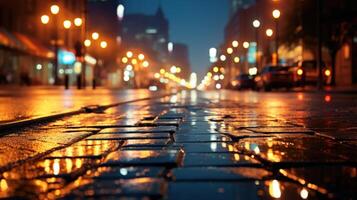 Wet cobblestone street at night, illuminated by streetlights, with blurred background of buildings and traffic. photo