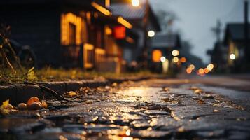 Wet cobblestones on a street with blurred background lights. photo