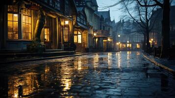 Wet cobblestone street with glowing windows of old town buildings at night. photo