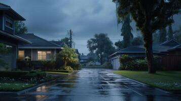 Wet pavement in a quiet suburban neighborhood after a rain shower, with houses, trees, and shrubs. photo
