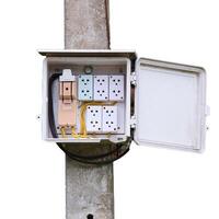 Electrical Junction Box with Multiple Outlets and Wiring on White Background Isolated for Industrial and Home Use photo