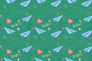 A vibrant pattern with paper airplanes, math symbols, and school-themed doodles on a chalkboard green background. Ideal for educational designs. vector