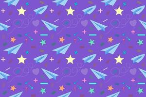 A playful back-to-school pattern featuring paper airplanes, stars, and paperclips on a vibrant purple background. Perfect for educational and creative designs. vector