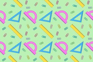 Vibrant pattern of rulers, protractors, paper clips, and triangles. Perfect for school-themed designs and educational materials. vector