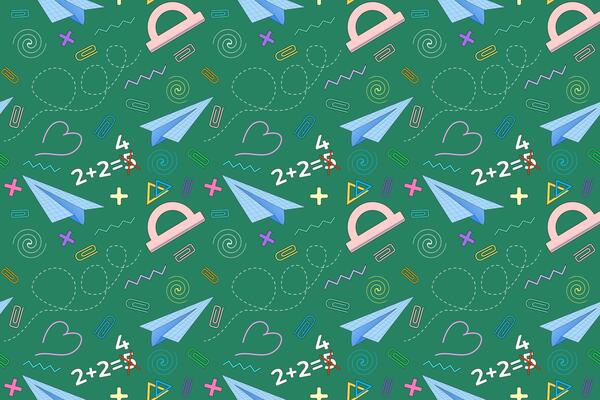 Seamless pattern featuring paper airplanes, rulers, and school-themed doodles on a green chalkboard background. Perfect for educational designs.