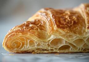 Detailed image of the flaky crust of a freshly baked croissant photo