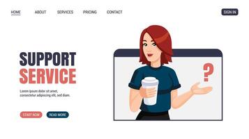 Young woman with coffee cup and question mark on computer monitor, window. Flat design. flyer, poster, banner design. Support service concept. Illustration for support, assistance, call center. vector