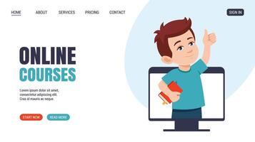 Happy Little boy with book Shows thumbs up from computer window. Website, web page design. flat illustration cartoon style. Online education, courses concept. vector