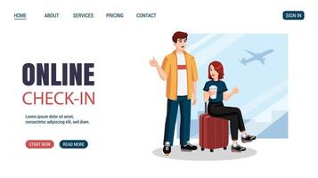 Young couple with suitcase, backpack showing thumbs up at the airport before flight. Flat design, cartoon style. illustration. Online check in concept website, web page design. vector