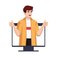 Happy Young Man Shows thumbs up with both hands from computer monitor. Male Character with Positive Face Expression. Approval concept. Likes on social networks. flat illustration cartoon style. vector