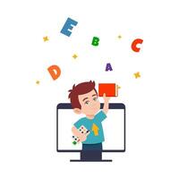 Happy Little boy with book Surrounded with letters on computer monitor. Education, knowledge, reading concept illustration. flat illustration cartoon style. vector