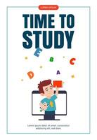 Happy Little boy with book Surrounded with letters on computer monitor. Education, knowledge, reading concept Flyer design, banner, promo, advertising, leaflet. flat illustration cartoon style. vector