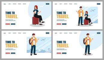 Young couple with suitcase, backpack showing thumbs up at the airport before flight. Flat design, cartoon style. illustration. Travelling concept website, web page design set. vector