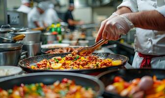 A close-up of a chef's hands preparing food in a bustling kitchen photo