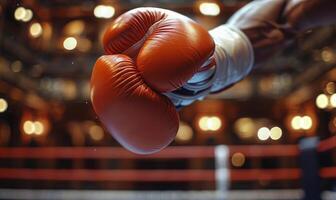 A boxer's gloved hands and body in a fighting stance, with a boxing ring in the background photo