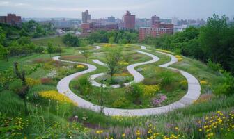 A close-up of a city park seen from above, with winding paths, blooming flowers, and the cityscape in the background photo
