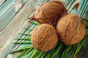 fresh natural coconut on rustik wooden background photo