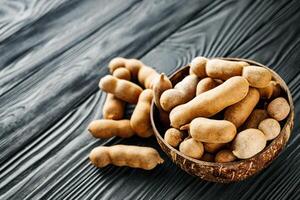 sweet and sour tamarind on a black rustic wooden background photo