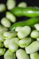 fresh greens broad beans fava on a dark background photo