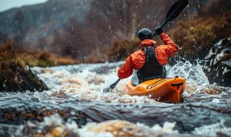 A kayaker's body and paddle in motion on a rapid river, with the surrounding landscape photo