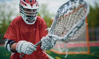 A lacrosse player's hands holding a stick, with the field and net in the background photo