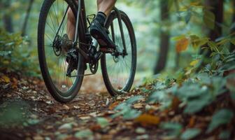 A cyclist's lower body and bike as they ride through a forest trail photo