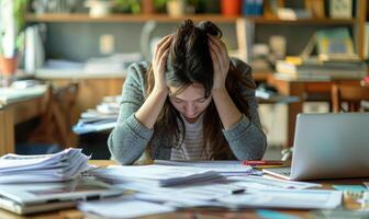A person sitting at a cluttered desk, head in hands, surrounded by paperwork and a laptop photo