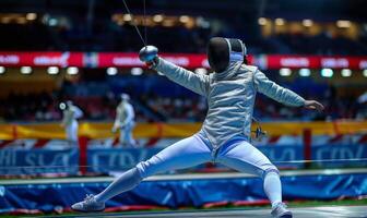 A fencer's body in action, with the opponent and fencing area in the background photo