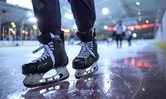 A hockey player's legs and skates gliding on ice, with the rink in the background photo