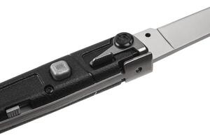 Pocket folding knife isolate on white back. Compact metal sharp knife with a folding blade. photo