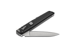 Pocket folding knife isolate on white back. Compact metal sharp knife with a folding blade. photo