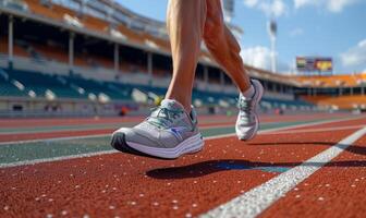 A runner's legs and shoes on a track, with the stadium in the background photo