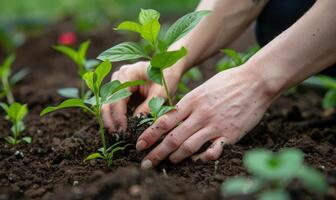 A worker's hands planting a tree in a community garden photo