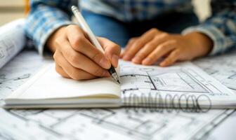 A worker's hands writing in a notebook with blueprints in the background photo