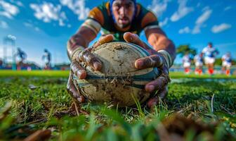 A rugby player's hands gripping the ball, with the field and players in the background photo