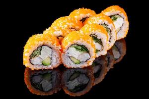 sushi roll with shrimp tobiko cucumber cream cheese avocado on a black mirror background photo