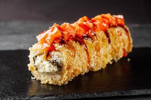 warm sushi roll hot dog in panko breadcrumbs photo