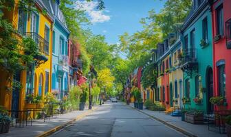 A vibrant street scene with colorful buildings and lush green trees lining the avenue photo