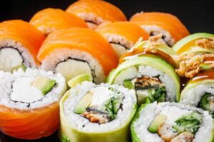 sushi roll green dragon with eel avocado cucumber cream cheese philadelphia set on a black mirror background photo