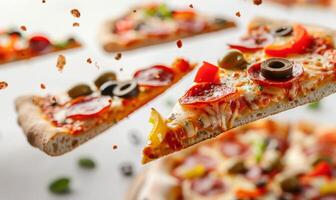 Slices of pizza with various toppings like pepperoni, olives, and bell peppers flying in mid-air with a white background photo