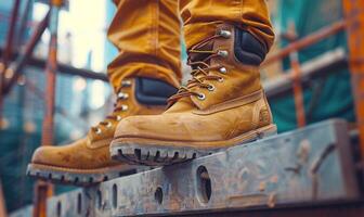 A close-up of a construction worker's boots standing on a scaffold photo