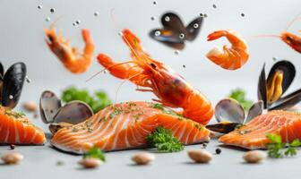 Various seafood items like shrimp, salmon, and mussels floating in mid-air with a white background photo