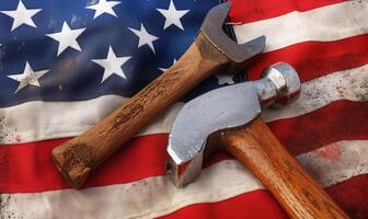 USA flag lay beside a hard hat for Labor Day photo