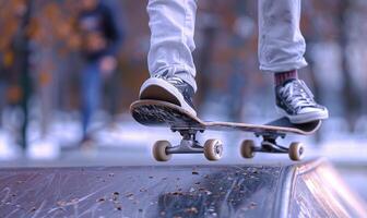A skateboarder's legs and board performing a trick on a half-pipe photo