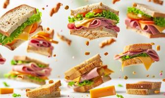 A selection of sandwiches with different fillings like ham, cheese, and lettuce flying in mid-air with a white background photo
