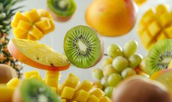 A variety of exotic fruits like mango, pineapple, and kiwi floating in mid-air with a white background photo