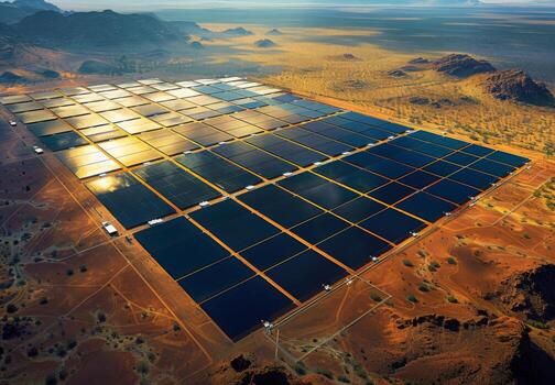 Aerial view of a sprawling solar farm with rows of panels absorbing sunlight in the desert photo