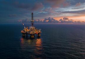 Panoramic view of an offshore oil rig illuminated by the setting sun, surrounded by the vast expanse of the ocean photo